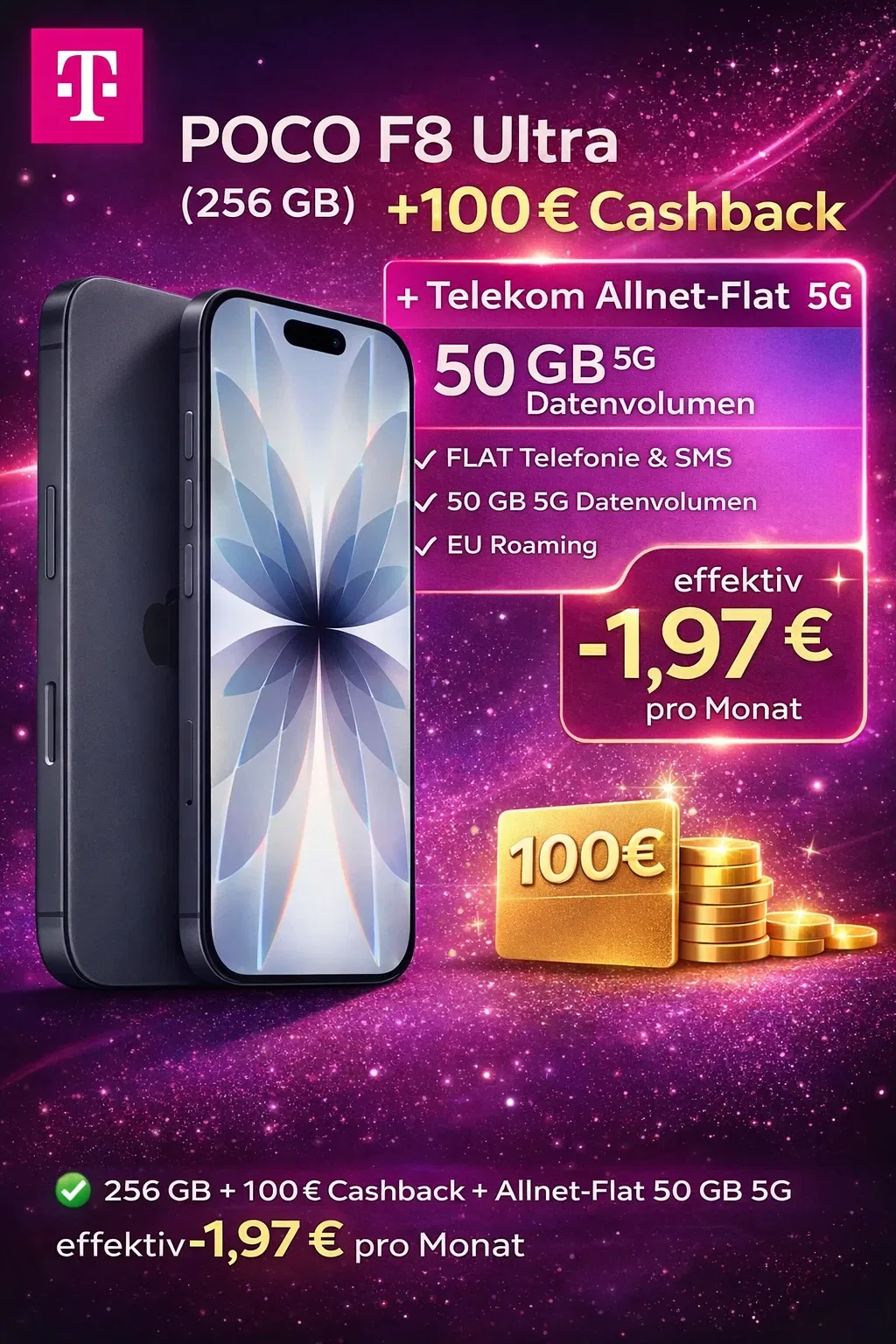Handyhelden: POCO F8 Ultra (256 GB) + 100,00 € Cashback + Telekom Allnet-Flat 50 GB 5G für 34,99 € / Monat + 149,00 € einmalig