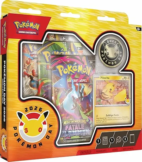 Pokémon-Sammelkartenspiel: Kollektion Pokémon Day 2026 (1 holografische Promokarte 1 Münze und 3 Boosterpacks) für 17,99 € inkl. Prime-Versand (statt 38,00 €)