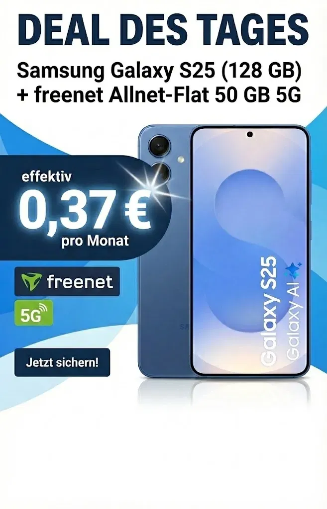 Gomibo: Samsung Galaxy S25 (128 GB) + freenet Allnet-Flat 50 GB 5G für 29,99 € / Monat + 39,00 € einmalig
