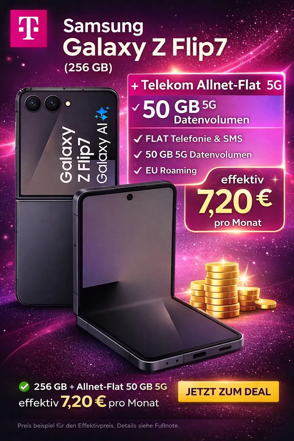 Handyhelden: Samsung Galaxy Z Flip 7 (256 GB) + Telekom Allnet-Flat 50 GB 5G für 39,99 € / Monat + 232,00 € einmalig