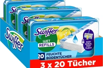 Drei blaue Packungen Swiffer feuchte Bodentücher mit Zitrusmotiv und Aufschrift 3 x 20 Tücher