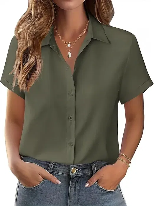 Schnäppchen, Deals Und Rabattcodes Des Tages: Zeagoo Damen Bluse Kurzarm Hemden Elegant V-Ausschnitt Hemdbluse Button Down Blusen Tops Laessiges Tunika Shirt S-Xxl