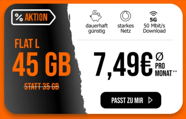 Vodafone Allnet 45GB 5G für effektiv 7,49€ bei LogiTel