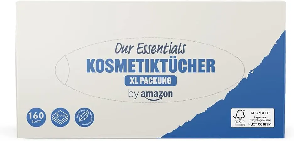 by Amazon Kosmetiktuchbox 3-lagig XL Packung (160 Stück 1er-Pack) ab 0,84 € inkl. Prime-Versand (statt 1,34 €)