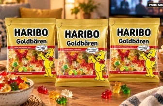 Drei gelbe Haribo Goldbären-Beutel auf einem Holztisch, daneben eine Schale mit Gummibärchen und ein Glas mit dunklem Getränk.