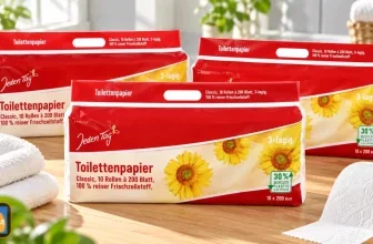 Drei Packungen Toilettenpapier der Marke Jeden Tag mit Sonnenblumen-Motiv auf einem Holztisch neben Handtüchern.