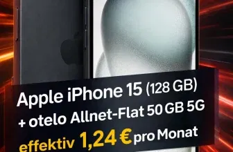 Schnäppchen, Deals und Rabattcodes des Tages - Apple iPhone 15 128 GB mit otelo Allnet Flat 50 GB 5G