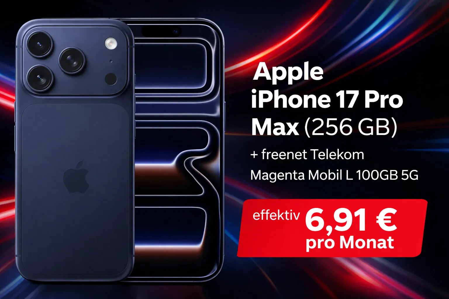 MediaMarkt Tarifwelt: Apple iPhone 17 Pro Max (256 GB) + 120 € Online Bonus + freenet Telekom Magenta Mobil L 100GB 5G für 49,95 € / Monat + 465,93 € einmalig