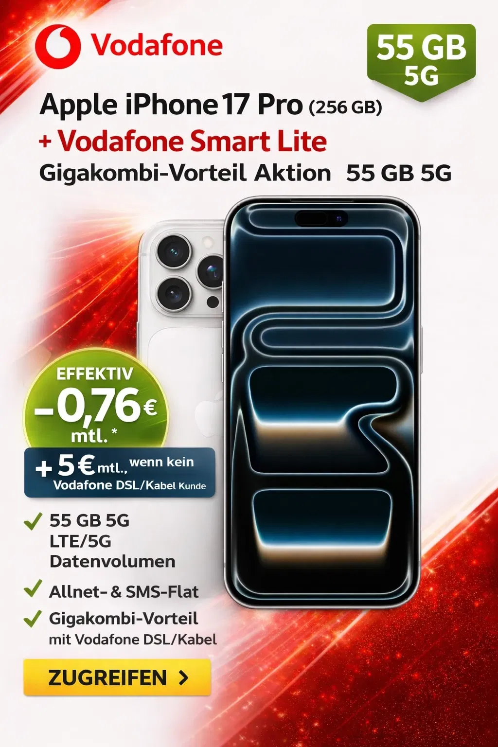 Logitel: Apple iPhone 17 Pro (256 GB) + Vodafone Smart Lite Gigakombi-vorteil Aktion 55 GB 5G für 29,99 € / Monat + 583,99 € einmalig