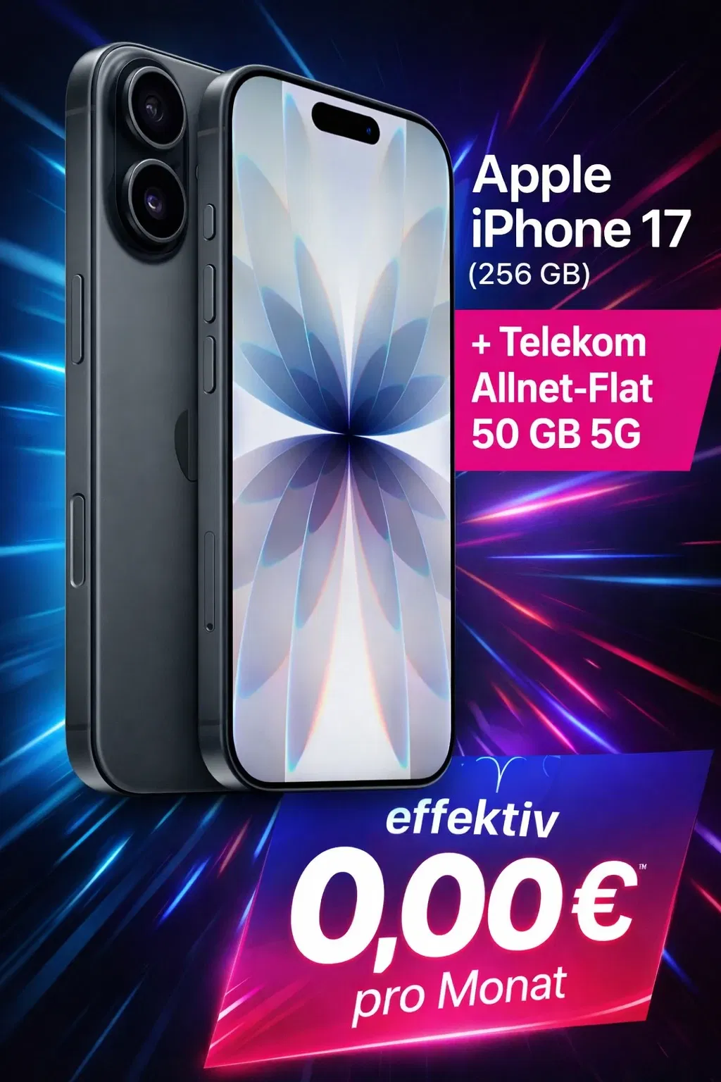 Handyhelden: Apple iPhone 17 (256 GB) + 150,00 € Cashback + Telekom Allnet-Flat 50 GB 5G für 44,95 € / Monat + 120,00 € einmalig