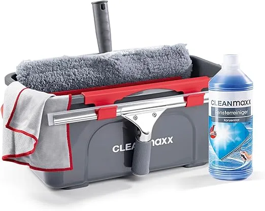CLEANmaxx Fensterreiniger Set Fensterputzer Set fuer Oberflaechen in Haus Auto inklusive Fensterabzieher Fensterwischer Reiniger Wischtuch Eimer und Halterungen fuer Wischer Abzieher 7 teilig Schnäppchen, Deals Und Rabattcodes Des Tages - Cleanmaxx Fensterreiniger Set