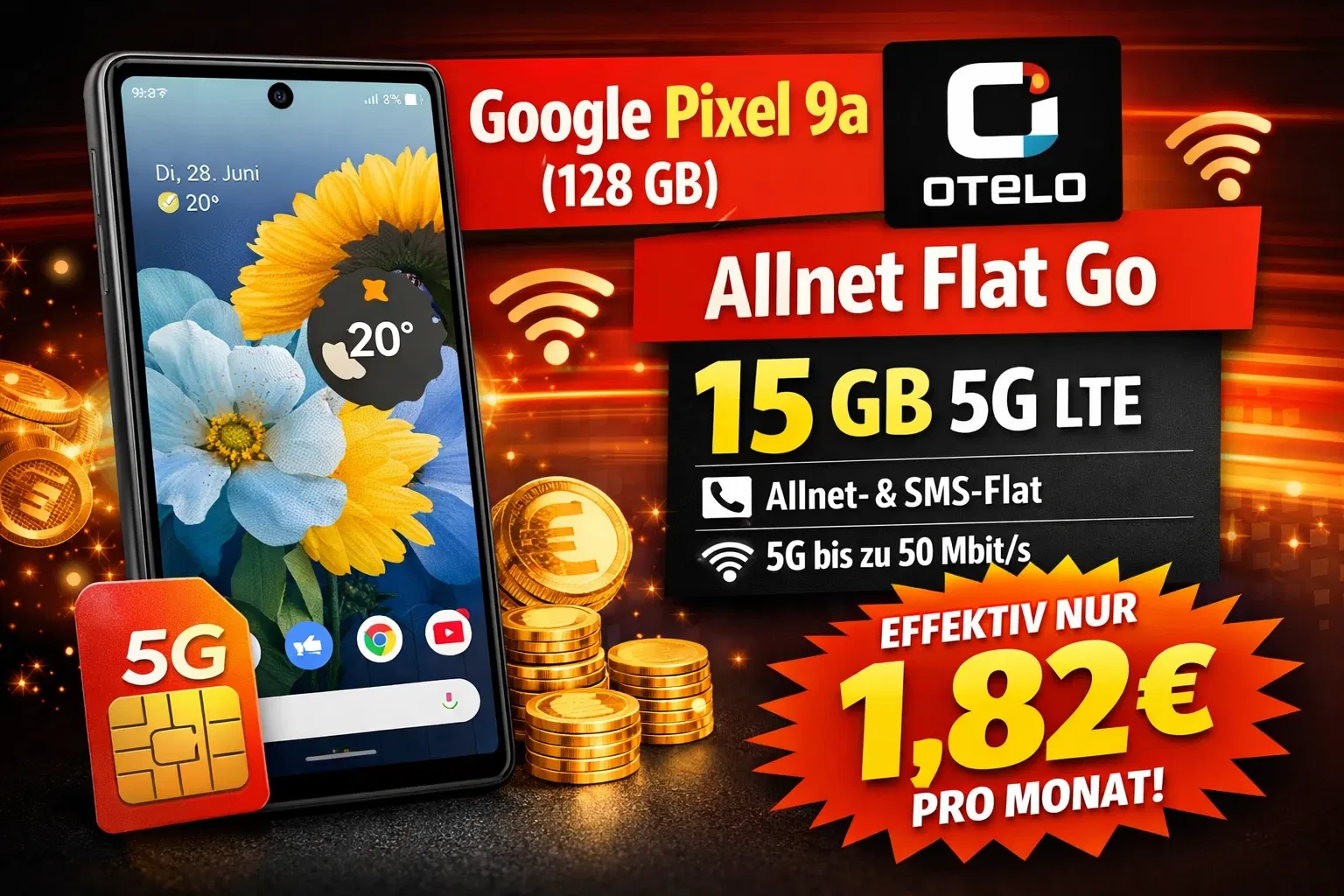 DEINHANDY: Google Pixel 9a (128 GB) + Otelo Allnet Flat Go 15 GB 5G für 14,99 € / Monat + 51,93 € einmalig