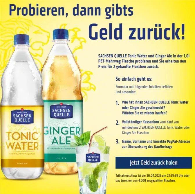 SACHSEN QUELLE Cashback Aktion [Lokal Sachsen 4000 Teilnahmen]