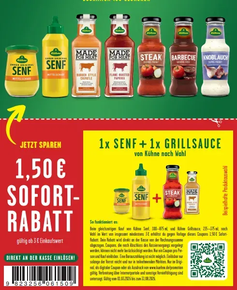 Kühne Coupon: 1,50€ Sofort-Rabatt beim Kauf von 1x Senf + 1x Grillsauce ab 3€ Einkaufswert