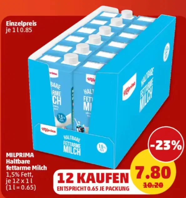 PENNY verkauft 12 Liter Milprima H-Milch für nur 7,80 Euro (ab 24.07. nur 0,65 pro Liter)