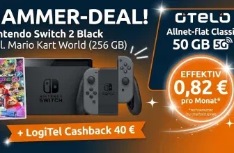 Logitel: Nintendo Switch 2 Black inkl. Mario Kart World (256 GB) + LogiTel Cashback 40€ + otelo Allnet-flat Classic 50 GB 5G für 19,99 € / Monat + 53,99 € einmalig