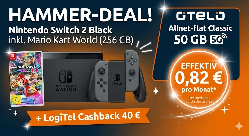 Logitel: Nintendo Switch 2 Black inkl. Mario Kart World (256 GB) + LogiTel Cashback 40€ + otelo Allnet-flat Classic 50 GB 5G für 19,99 € / Monat + 53,99 € einmalig