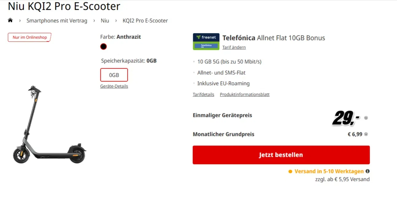 MediaMarkt Tarifwelt: Niu KQI2 Pro E-Scooter (0 GB) + Telefónica Allnet Flat Bonus 10GB 5G für 6,99 € / Monat + 74,94 € einmalig