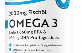 Braunes Nahrungsergänzungsmittel-Fläschchen von Nutravita mit Omega 3 Etikett und gelben Softgel-Kapseln