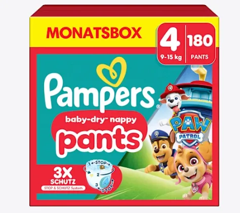 Pampers Baby-Dry Pants Paw Patrol Edition (9kg Größe 4 180 Windeln – 360° Passform) für 33,30 € inkl. Prime-Versand (statt 63,00 €)