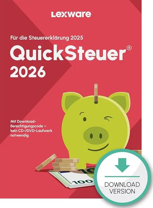 QuickSteuer 2026 – Private und gewerbliche Steuererklärung (für Steuerjahr 2025) für 11,99 € inkl. Prime-Versand (statt 20,00 €)