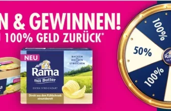 Rama mit Butter Werbung mit Glücksrad und Text 'Drehen & Gewinnen! Bis zu 100% Geld zurück'