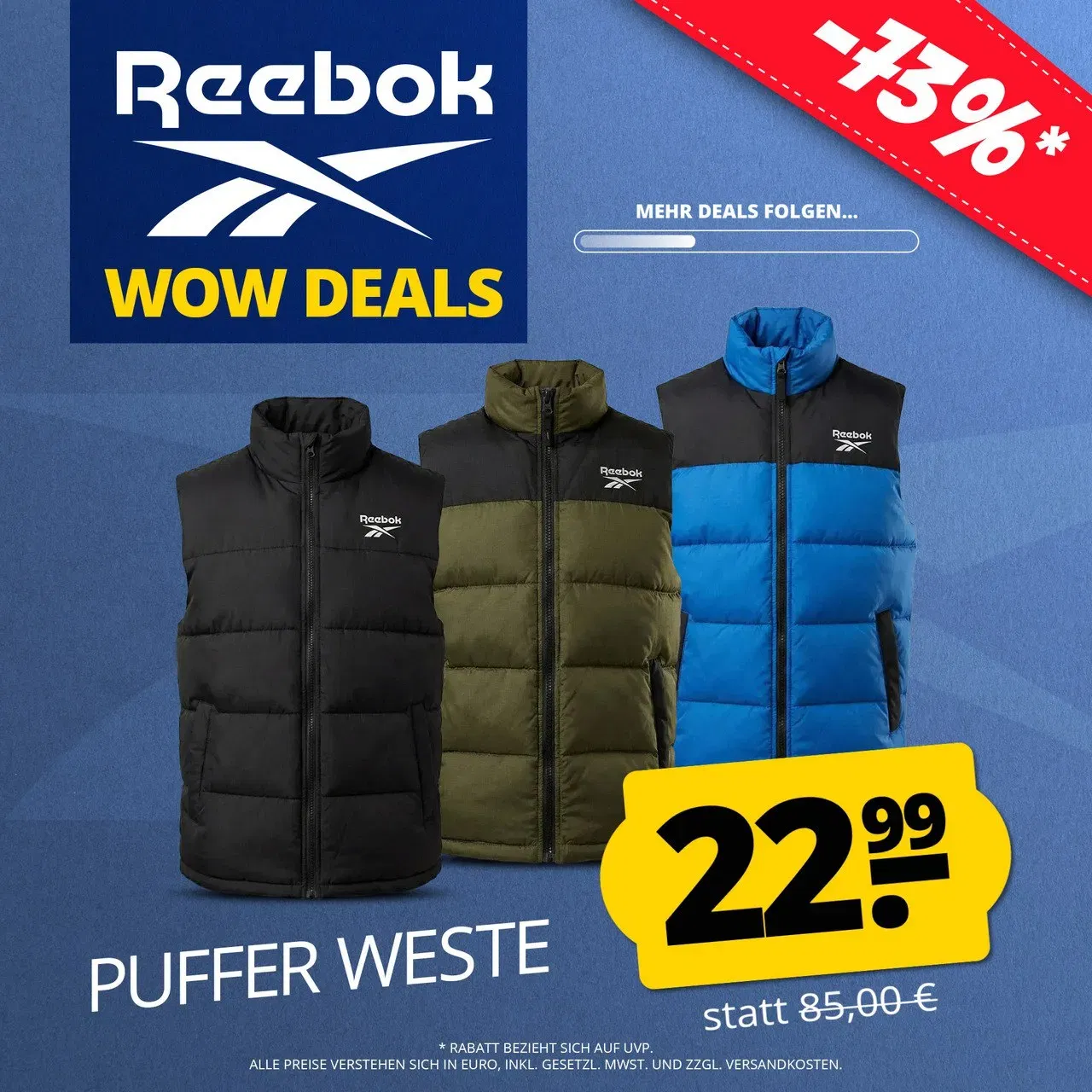 Reebok Heavyweight Puffer Herren Weste (3 Farben, Gr. S bis XL) für 27,94 € inkl. Versand