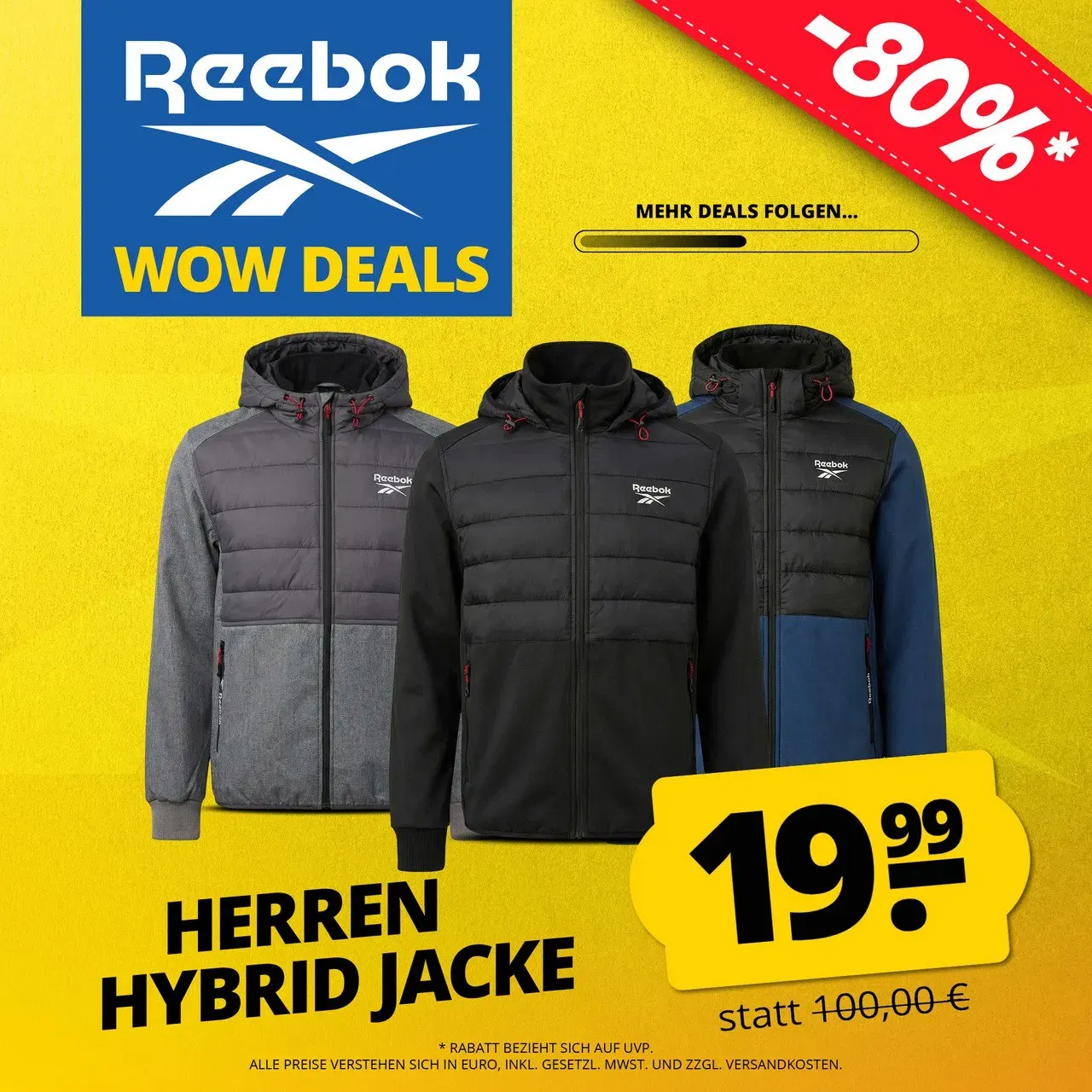 Reebok Mixed Hybrid Herren Outdoor Jacke (4 Farben, Gr. S bis XL) für 24,94 € inkl. Versand