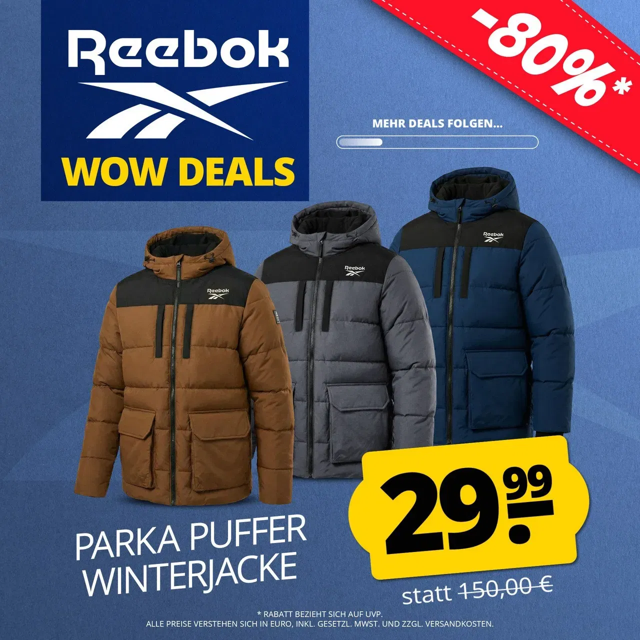 Reebok Parka Puffer Herren Winterjacke (3 Farben, Gr. S bis XL) für 34,94 € inkl. Versand (statt 59,99 €)