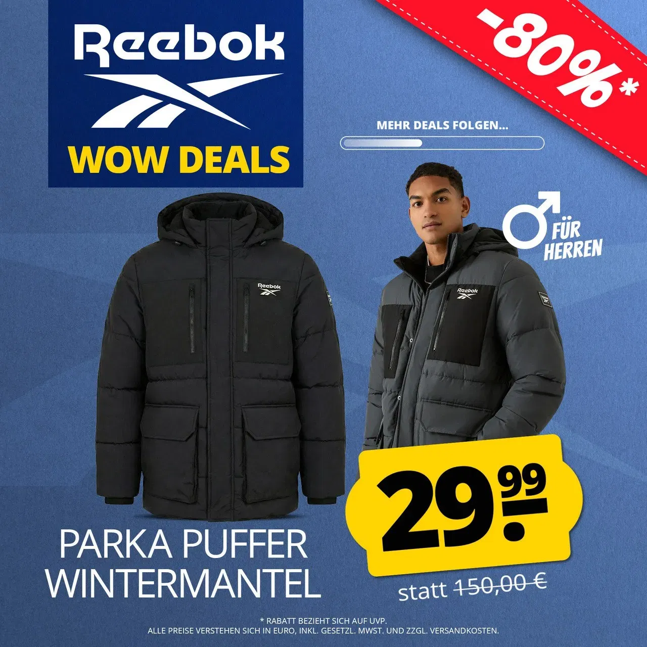 Reebok Parka Puffer Herren Wintermantel (2 Farben, Gr. S bis XL) für 34,94 € inkl. Versand