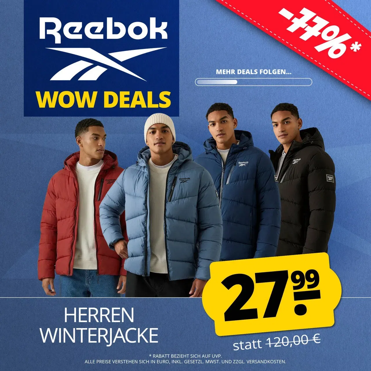 Reebok Stretch Puffer Herren Winterjacke (3 Farben, Gr. S bis XL) für 32,94 € inkl. Versand