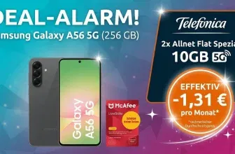 Schnäppchen, Deals und Rabattcodes des Tages: Samsung Galaxy A56 5G 256 GB mit McAfee LiveSafe, Telefonica 2x Allnet-Flat Spezial 10GB 5G