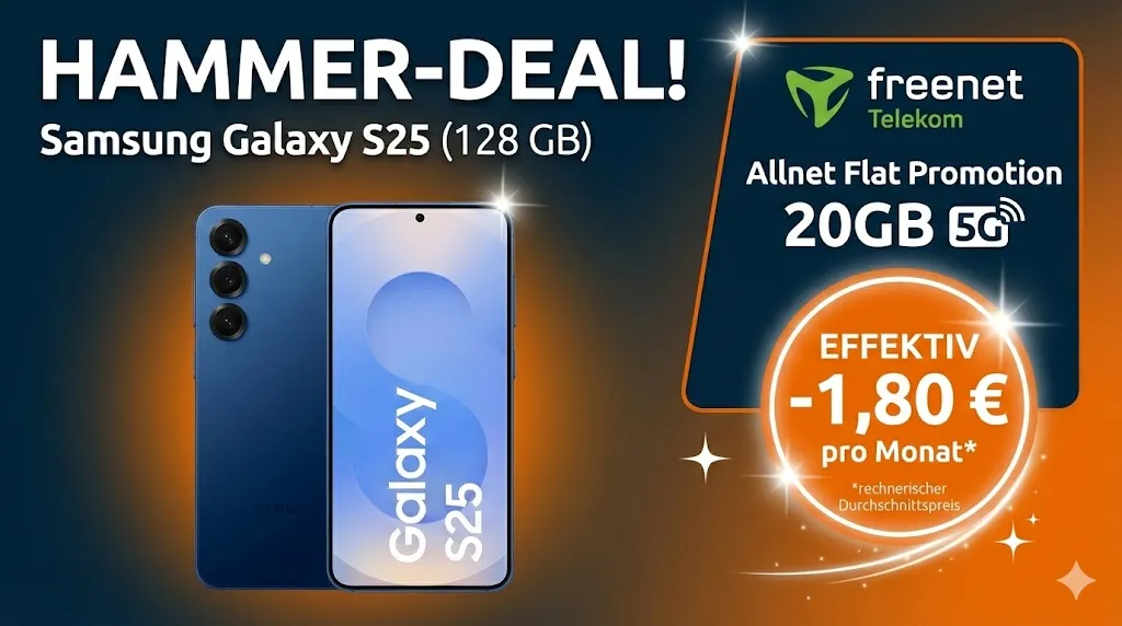 MediaMarkt Tarifwelt: Samsung Galaxy S25 (128 GB) + freenet Telekom Allnet Flat Promotion 20GB 5G für 24,99 € / Monat + 46,94 € einmalig
