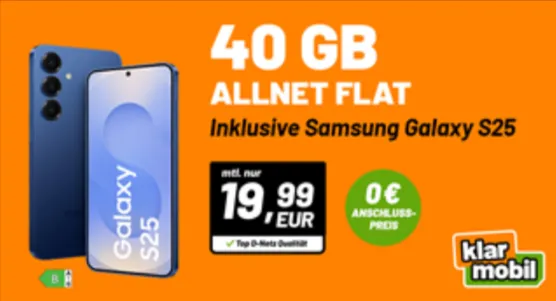 klarmobil: Samsung Galaxy S25 (128 GB) + klarmobil Allnet Flat 40 GB 5G für 19,99 € / Monat + 29,99 € einmalig