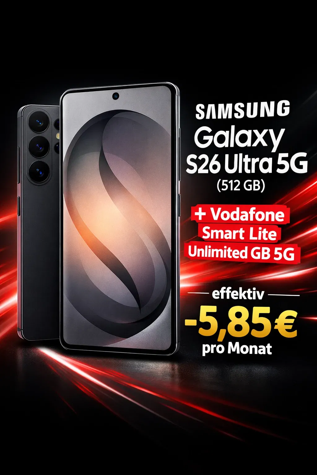 Logitel: Samsung Galaxy S26 Ultra 5G (512 GB) + 50 € Vodafone Guthaben + Vodafone Smart Lite Unlimited GB 5G für 34,99 € / Monat + 473,99 € einmalig