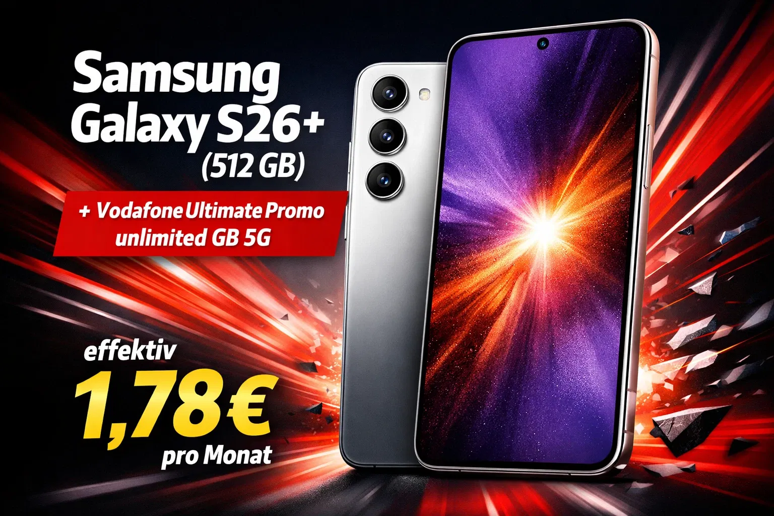 DEINHANDY: Samsung Galaxy S26+ (512 GB) + 100 € Sofortbonus + Vodafone Ultimate Promo unlimited GB 5G für 49,99 € / Monat + 146,93 € einmalig