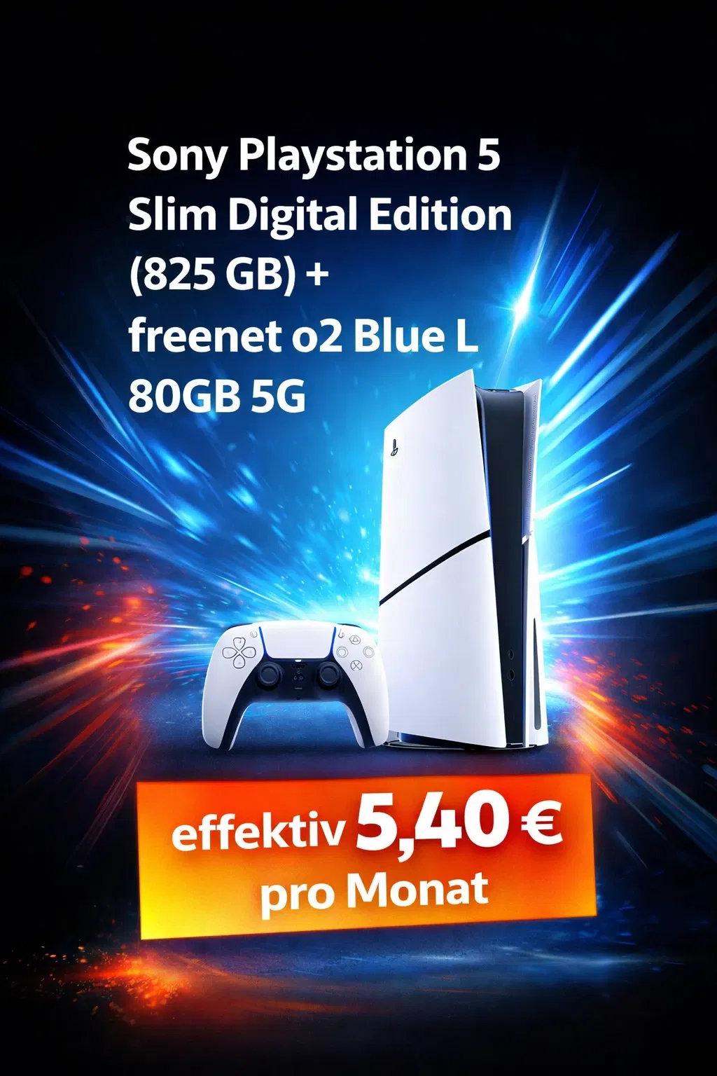 MediaMarkt Tarifwelt: Sony Playstation 5 Slim Digital Edition (825 GB) + 100 € Online Bonus + freenet o2 Blue L 80GB 5G für 24,99 € / Monat + 46,94 € einmalig