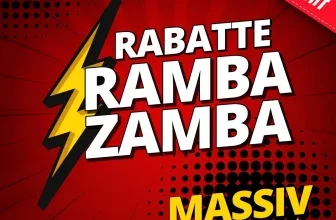 Ein rotes Werbebild mit einem gelben Blitz, das die Worte 'RABATTE RAMBA ZAMBA' und 'MASSIV REDUZIERT' zeigt.