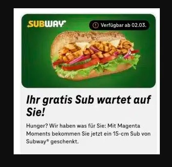 Gratis 🥖 15 cm Subway Sub für Telekom-Kunden