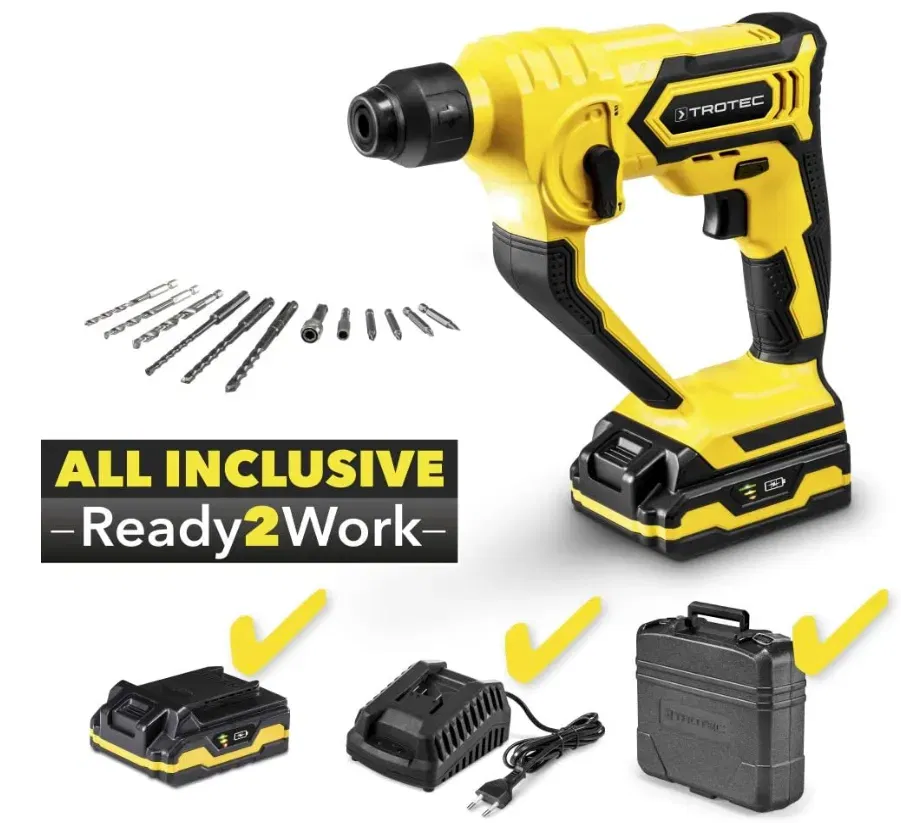 TROTEC Bohrhammer PRDS 10‑20V (inkl. Akku & Schnellladegerät) für 25,49 € inkl. Prime-Versand (statt 51,00 €)