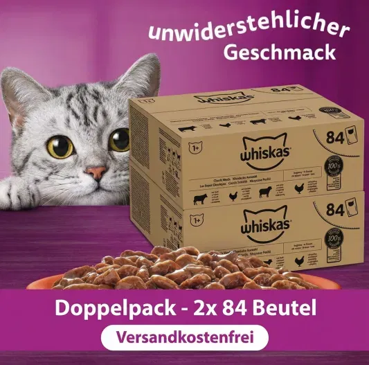 WHISKAS Adult 1+ Katzenfutter Nass – Ab 1 Jahr (mit 168 Beuteln je 85g) für 44,90 € inkl. Versand (statt 60,50 €)