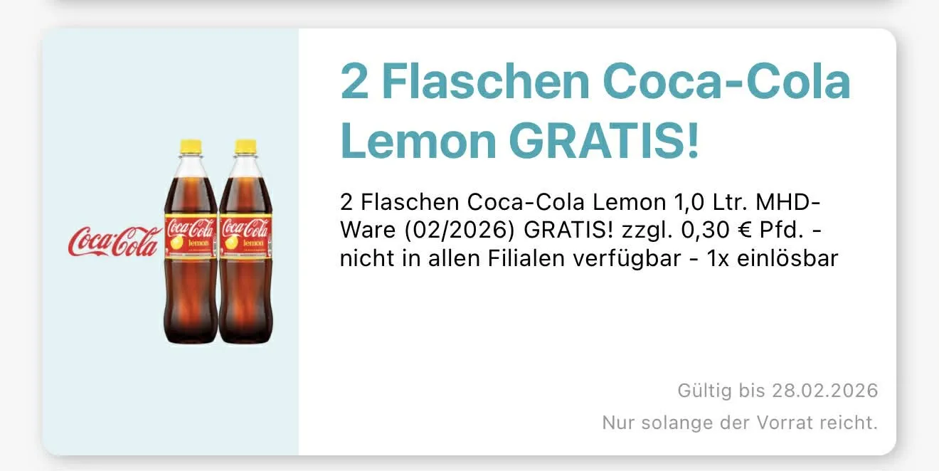 Gratis: 2 Flaschen Coca Cola Lemon (je 1 Liter) in der Logo App