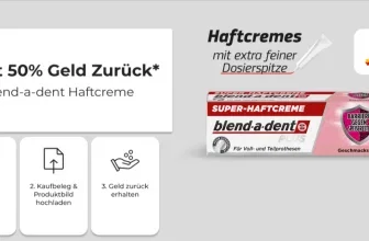 blend-a-dent Super-Haftcreme-Verpackung mit dm-Logo und Text zur 50-Prozent-Rückerstattung