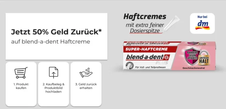 blend-a-dent Super-Haftcreme-Verpackung mit dm-Logo und Text zur 50-Prozent-Rückerstattung