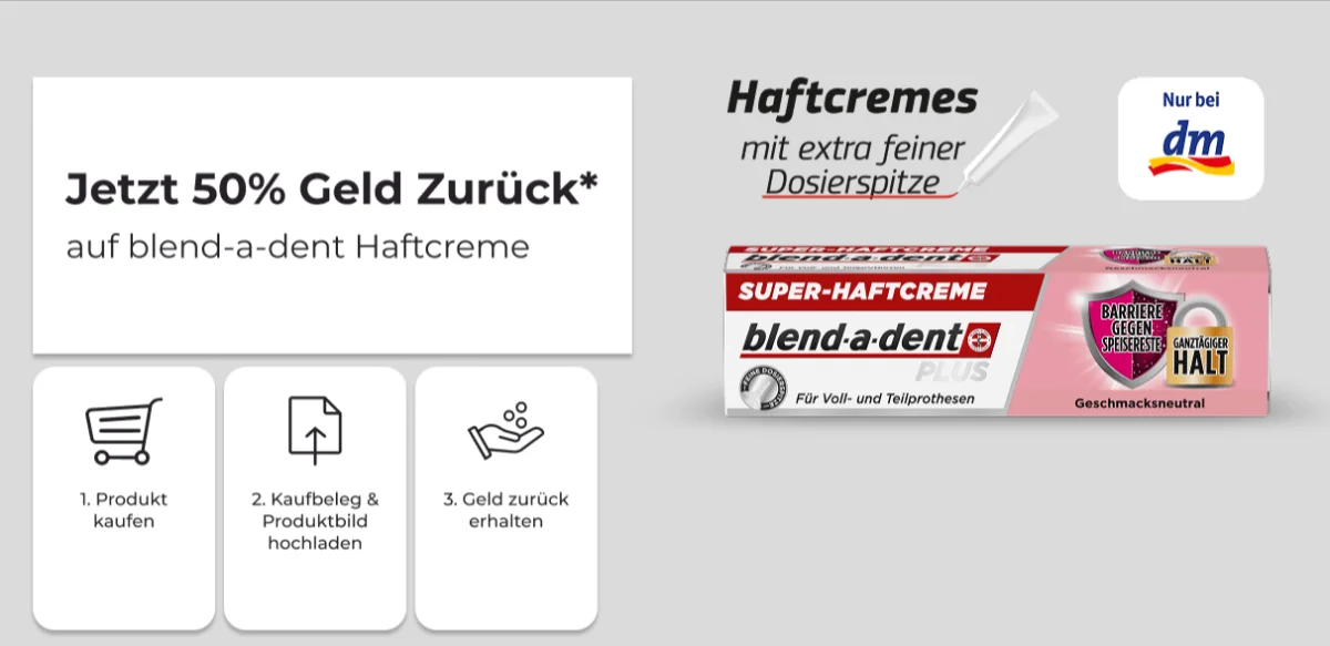 blend-a-dent Haftcreme: 50 % Geld zurück bei dm