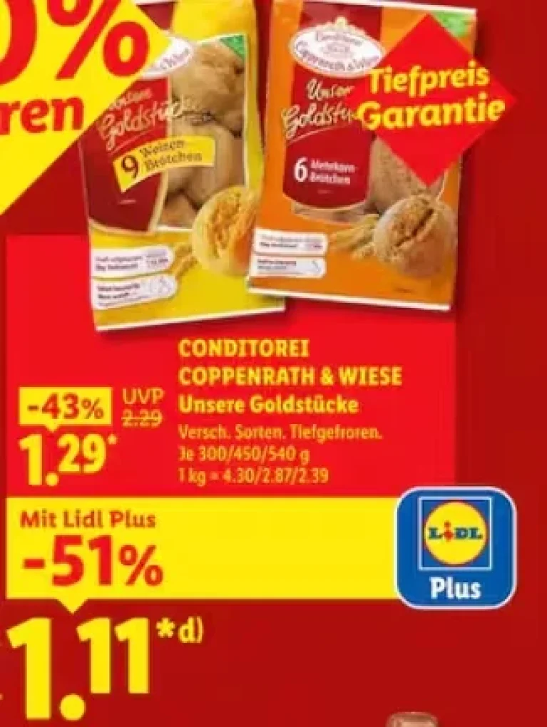 Lidl-Plakat für Coppenrath & Wiese Weizenbrötchen mit Preisangabe 1,11 € und Lidl Plus Logo