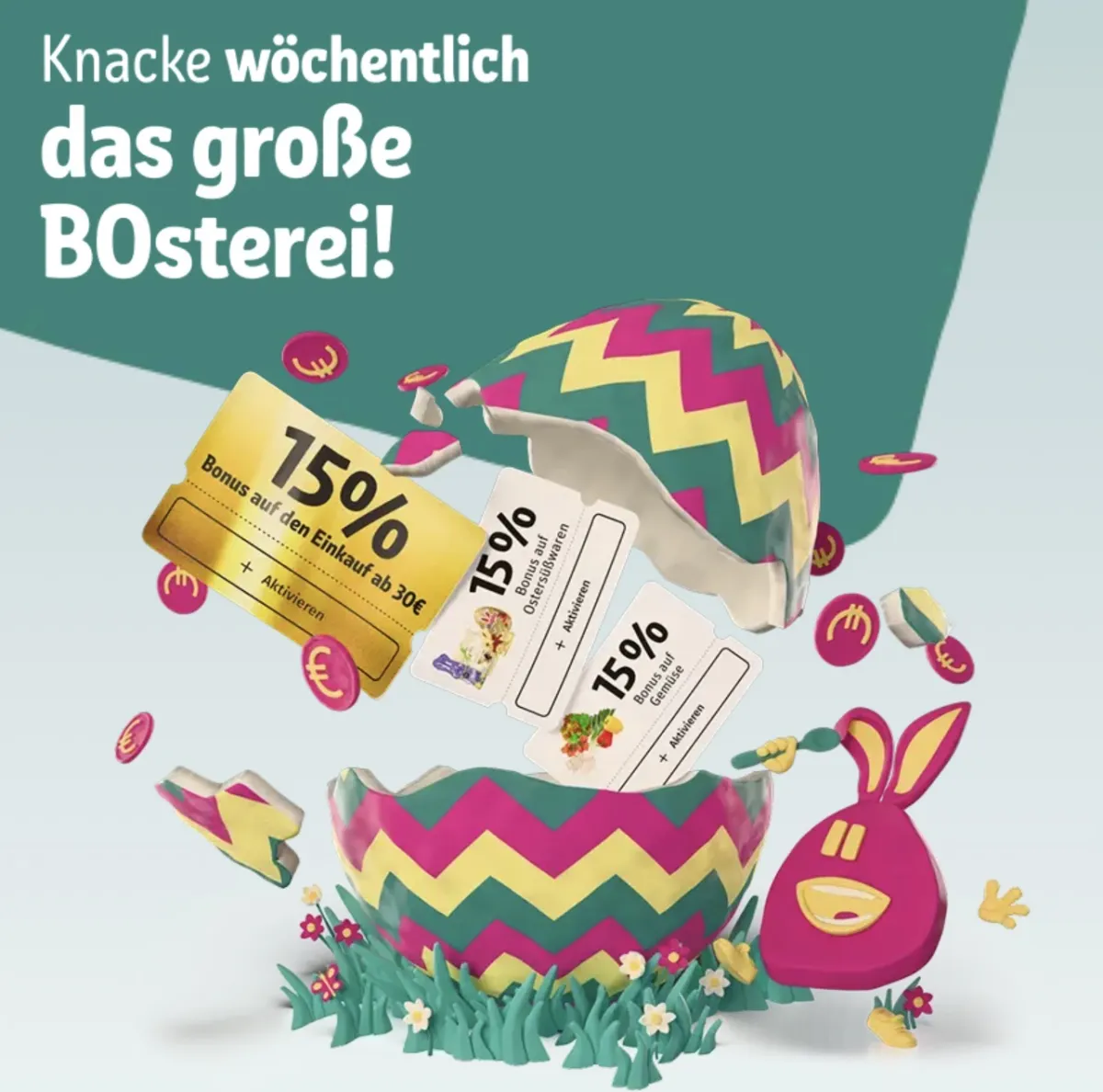 REWE Bonus Oster-Spiel startet: Jetzt Osterei knacken und Bonus-Coupons bis 04.04. sichern