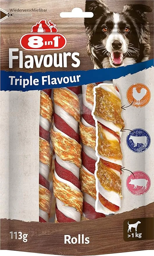 8in1 Triple Flavour Rolls Kaustangen für Hunde (113g)