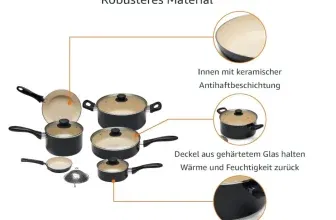 Amazon Basics 11-teiliges Keramik-Kochgeschirr-Set, Töpfe und Pfannen, schwarz/creme