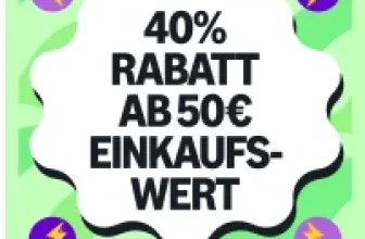 Ein Werbebild mit grünem Hintergrund, 40 % Rabatt ab 50 € Einkaufswert, gelben Blitzen und Texten auf Deutsch.